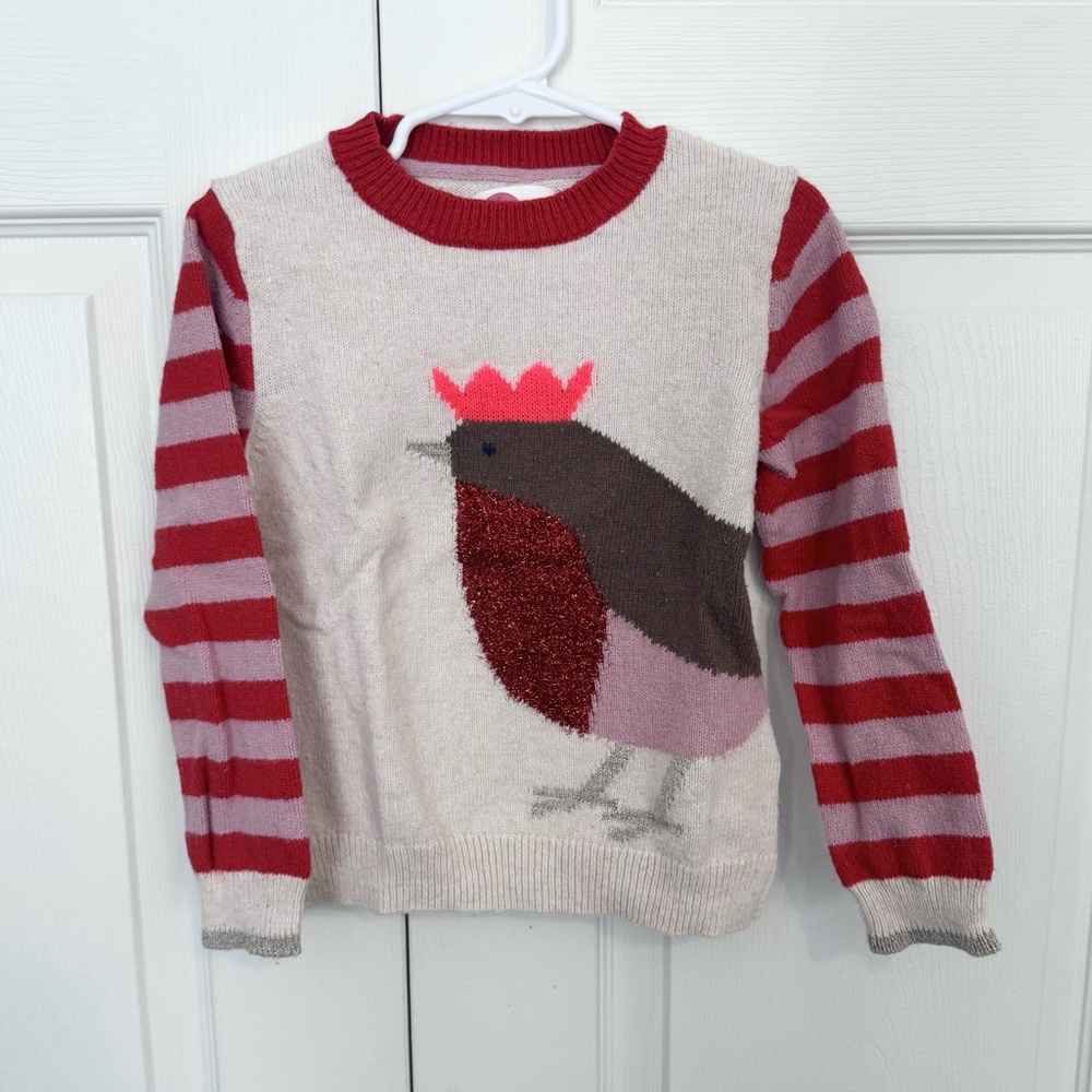 Mini Boden Red and Cream Bird Knit Sweater 5-6 years
